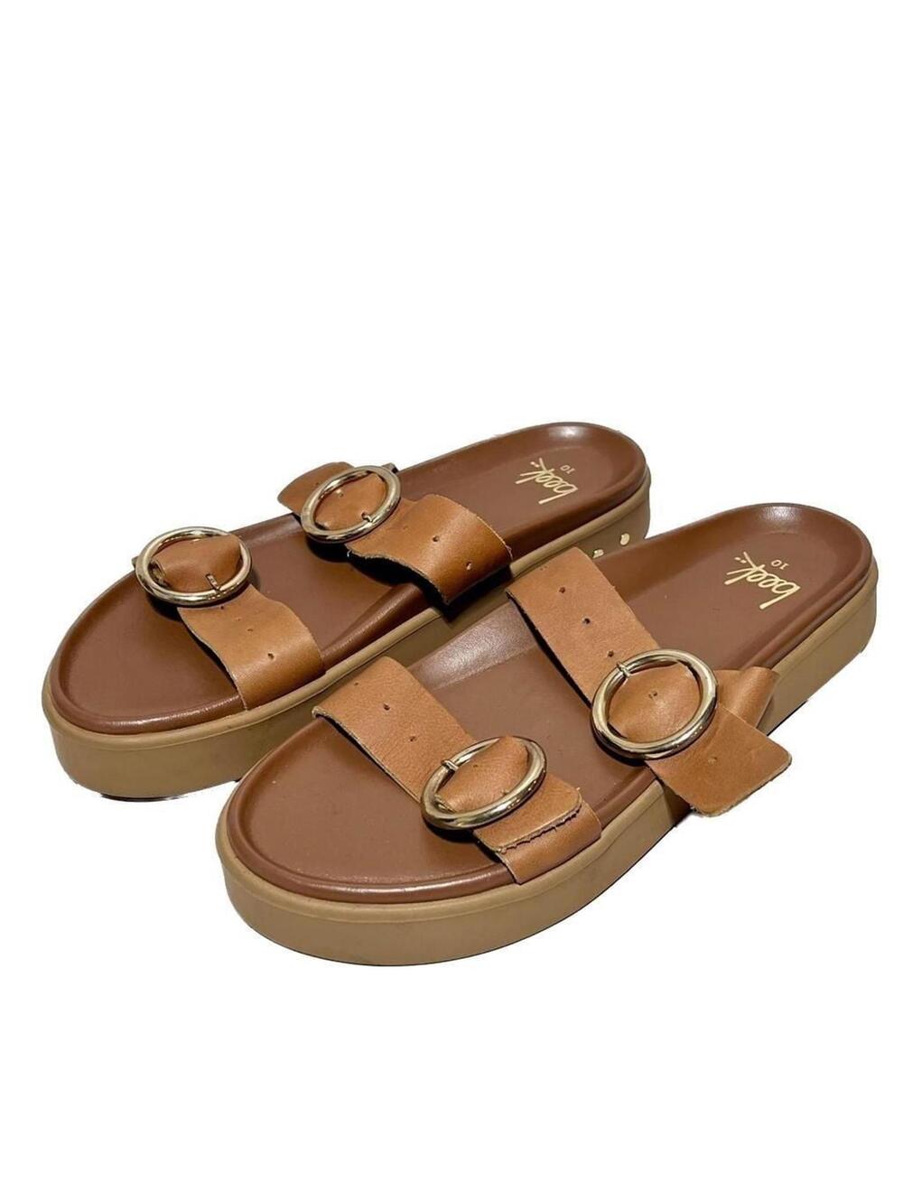 beek Warbler Leather Platform Slide Sandals with Round Buckles Tan